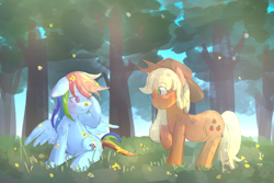 Size: 3000x2000 | Tagged: safe, artist:snowzaaah, applejack, rainbow dash, earth pony, pegasus, pony, g4, applejack's hat, blushing, cowboy hat, duo, duo female, female, flower, forest, grass, hat, high res, lesbian, looking at each other, looking at someone, mare, nature, one eye closed, outdoors, raised hoof, ship:appledash, shipping, sitting, spread wings, tail, tree, wings