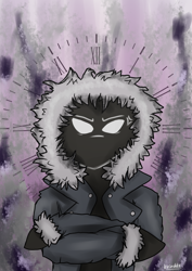 Size: 2480x3508 | Tagged: safe, artist:kirieshka, beholder, pony, angry look, clothes, dark, dark skin, darkness, gazing, god of time, jacket, lolofandom, lololoshka, lololoshka fandom, looking, looking at you, magic, smoke, time, white, white eyes