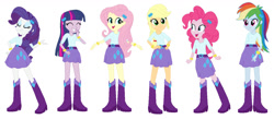 Size: 1357x589 | Tagged: safe, artist:noahishere18, applejack, fluttershy, pinkie pie, rainbow dash, rarity, twilight sparkle, human, equestria girls, g4, belt, boots, clothes, clothes swap, high heel boots, humane five, humane six, shirt, shoes, simple background, skirt, white background