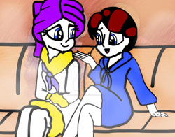 Size: 900x705 | Tagged: safe, artist:iamscar2017, rarity, oc, oc:red arrow, human, equestria girls, g4, commission, dressing gown, duo, female, folded legs, looking at each other, looking at someone, open mouth, open smile, sitting, sitting together, smiling, smiling at each other, spa, steam, steam room, talking, towel, towel on head