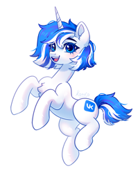 Size: 3495x4334 | Tagged: safe, artist:konejo, derpibooru exclusive, pony, unicorn, blue eyelashes, chest fluff, colored eyelashes, ear fluff, female, horn, looking at you, mare, mascot, not majesty, open mouth, open smile, ponified, simple background, smiling, solo, vkontakte, white background