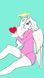 Size: 1080x1920 | Tagged: artist needed, source needed, safe, alicorn, anthro, blue background, cyan background, female, halo, heart, lidded eyes, simple background, sitting, smiling, solo