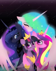 Size: 1620x2048 | Tagged: safe, artist:petaltwinkle, princess cadance, princess celestia, princess luna, twilight sparkle, alicorn, pony, g4, alicorn tetrarchy, female, group, hug, mare, needs more jpeg, quartet, royal family, royal sisters, siblings, sisters, smiling, twilight sparkle (alicorn)