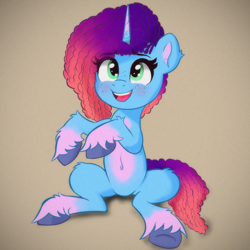 Size: 1500x1500 | Tagged: safe, artist:psfmer, misty brightdawn, pony, unicorn, g5, belly, belly button, ear fluff, female, freckles, gradient background, horn, looking up, mare, open mouth, open smile, rebirth misty, sitting, smiling, solo, textured background, underhoof, unshorn fetlocks