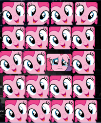 Size: 403x487 | Tagged: safe, pinkie pie, earth pony, pony, g4, crying, floppy ears, hi anon, looking at you, meme, multeity, one of these things is not like the others, open mouth, open smile, sad, smiling, smiling at you, teary eyes, too much pink energy is dangerous