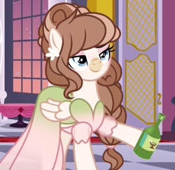 Size: 1256x1220 | Tagged: safe, artist:cstrawberrymilk, oc, oc only, oc:strawberry milk, pegasus, pony, alcohol, bangs, base used, blue eyes, blushing, bottle, brown mane, canterlot castle interior, checkered floor, clothes, coat markings, cream coat, dress, drink, drunk, eyeshadow, facial markings, female, female oc, flower, flower on ear, folded wings, gradient dress, hoof hold, indoors, lidded eyes, makeup, mare, mare oc, no tail, pegasus oc, pink eyeshadow, ponysona, ponytail, raised hoof, screencap background, see-through, smiling, snip (coat marking), solo, sparkly eyeshadow, standing, standing on three hooves, sunset, table, tied mane, two toned mane, wine bottle, wings