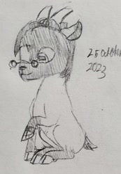 Size: 1789x2585 | Tagged: safe, artist:mannitenerisunt, derpibooru exclusive, oc, oc only, oc:immanuel, goat, 2023, cloven hooves, glasses, horns, pencil drawing, raised hoof, rectangular pupil, sitting, sketch, traditional art