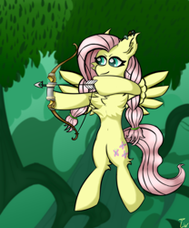 Size: 5000x6000 | Tagged: safe, artist:twinky, fluttershy, pegasus, pony, g4, alternate hairstyle, arrow, belly, belly button, bipedal, bow (weapon), chest fluff, ear fluff, female, forest, mare, nature, outdoors, solo, spread wings, tree, wings