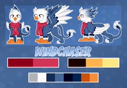 Size: 4096x2836 | Tagged: safe, artist:sweet cream, oc, oc only, oc:windchaser, griffon, clothes, feather, feathered wings, griffon oc, male, palette, patterned background, reference sheet, scarf, solo, wings, yellow eyes