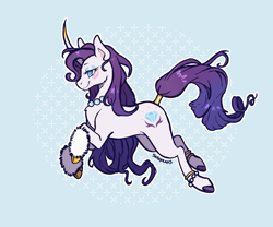 Size: 1200x1000 | Tagged: safe, artist:sokodraws, artist:sokoistrying, rarity, pony, unicorn, g4, alternate cutie mark, alternate design, base used, blush sticker, blushing, bracelet, clothes, cloven hooves, colored hooves, curved horn, female, gradient horn, hooves, horn, jewelry, leg warmers, light blue background, mare, multicolored hooves, necklace, pearl necklace, simple background, smiling, tail, tail band