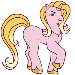 Size: 4000x4000 | Tagged: safe, artist:wtfponytime, pony, unicorn, g1, camp cutie mark, colored hooves, desiree goldenhoof, female, gold hooves, hooves, horn, jewelry, mare, necklace, simple background, smug, solo, transparent background, unshorn fetlocks, worst pony