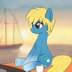 Size: 2000x2000 | Tagged: safe, artist:boggy, oc, oc only, oc:tidal drift, blonde hair, blue coat, blue eyes, boat, coffee, coffee mug, curly mane, female, freckles, mug, ocean, outdoors, short mane, sitting, solo, sunset, water