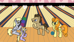 Size: 1920x1080 | Tagged: safe, artist:platinumdrop, carrot top, derpy hooves, dinky hooves, doctor whooves, golden harvest, time turner, earth pony, pegasus, pony, g4, bowling, bowling alley, bowling ball, bowling pin, commission, female, happy, indoors, male, mare, mother and child, mother and daughter, open mouth, open smile, raised hoof, smiling, stallion