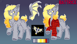 Size: 2232x1266 | Tagged: safe, artist:black_marker, oc, oc only, bat pony, bat pony oc, bat wings, chest fluff, clothes, custom character, female, gradient background, reference sheet, shirt, solo, wings