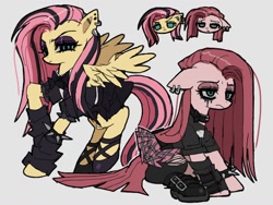 Size: 1460x1100 | Tagged: safe, artist:jwnn_, fluttershy, pinkie pie, earth pony, pegasus, pony, g4, alternate hairstyle, alternate mane color, alternate tail color, arm warmers, ballet slippers, black shirt, boots, bowtie, chibi, choker, clothes, collar, colored, colored sclera, demonia swing 815, demonias, duality, duo, duo female, ear piercing, earring, ears back, emo, emoshy, eyeliner, eyeshadow, female, flat colors, floppy ears, frown, gray background, gray sclera, helix piercing, hoof boots, hoof shoes, industrial piercing, jeans, jewelry, leg warmers, leggings, lidded eyes, looking at you, makeup, mare, narrowed eyes, necktie, pants, partially open wings, piercing, pink eyeshadow, pink skirt, pinkamena diane pie, pleated skirt, puffy sleeves, purple eyeshadow, raised hoof, raised leg, ripped jeans, ripped pants, running makeup, running mascara, sad, shirt, shoes, simple background, sitting, skirt, spiked wristband, standing, standing on two hooves, t-shirt, tail, three quarter view, torn clothes, two toned mane, two toned tail, wings, wristband