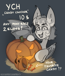 Size: 1844x2160 | Tagged: safe, artist:crashbrush, bat pony, pony, bat wings, candy, commission, ear fluff, food, halloween, holiday, jack-o-lantern, looking at something, open mouth, pumpkin, silly, smiling, solo, wings, your character here