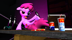 Size: 1600x900 | Tagged: safe, artist:sprunk4law, berry punch, berryshine, earth pony, pony, g4, 3d, alcohol, bottle, drink, drinking, drunk, food, glass, go home you're drunk, indoors, mcdonald's, pizza, pizza box, purple body, purple mane, purple tail, soda, solo, source filmmaker, tail, tongue out, wine, wine bottle, wine glass