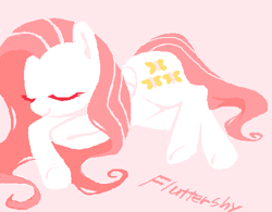 Size: 499x390 | Tagged: safe, artist:aruurara, fluttershy, pegasus, pony, g4, alternate color palette, colored eyelashes, eyes closed, female, folded wings, lying down, mare, pink background, prone, red eyelashes, simple background, solo, text, wings