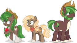 Size: 1920x1059 | Tagged: safe, artist:cirillaq, oc, oc only, oc:apple cider, oc:green pom, oc:sweet apple, earth pony, apple, female, food, male, mare, scar, simple background, stallion, transparent background, trio