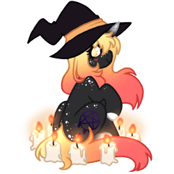 Size: 1000x1000 | Tagged: safe, artist:kazmuun, oc, oc only, oc:heather, pony, unicorn, bangs, black coat, blush lines, blushing, body freckles, butt freckles, candle, candlelight, chibi, coat markings, colored hooves, colored horn, colored lineart, eye clipping through hair, eyelashes, female, female oc, fire hazard, freckles, gradient horn, gradient legs, gradient mane, gradient tail, hat, heart, heart eyes, hooves, horn, leg freckles, leg markings, leonine tail, long mane, long tail, looking back, mare, mare oc, profile, raised hoof, shoulder freckles, signature, simple background, sitting, smiling, socks (coat markings), solo, tail, transparent background, unicorn horn, unicorn oc, white hooves, white pupils, wingding eyes, witch hat, yellow eyes