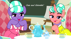 Size: 3548x1952 | Tagged: artist needed, safe, anonymous artist, artist:birdco, artist:tomfraggle, stepford ponies, oc, oc:strawberry kiss, oc:sweeten blackberry, earth pony, pony, unicorn, chair, chalkboard, classroom, clothes, cup, dress, duo, female, headcanon, headcanon in the description, horn, indoors, jewelry, lesbian, lesson, lidded eyes, mare, necklace, open mouth, open smile, pearl necklace, smiling, table, teacup, teapot