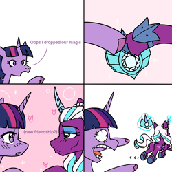 Size: 1400x1400 | Tagged: safe, artist:maren, opaline arcana, twilight sparkle, alicorn, pony, g5, bait and switch, butt, comic, crystal, duo, duo female, earth pony crystal, female, mare, meme, open mouth, pegasus crystal, plot, ponified meme, twilight sparkle (alicorn), unicorn crystal, unity crystals