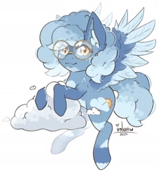 Size: 1751x1892 | Tagged: safe, artist:inlaru, oc, oc:partly cloudy, pegasus, pony, chibi, cloud, colored, cute, digital art, flat colors, flying, glasses, happy, pegasus oc, simple background, solo, white background