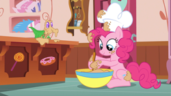 Size: 1920x1080 | Tagged: safe, screencap, gummy, pinkie pie, alligator, earth pony, pony, g4, the lost treasure of griffonstone, batter, bowl, chef's hat, duo, food, hat, indoors, kitchen, mixing bowl, sugarcube corner