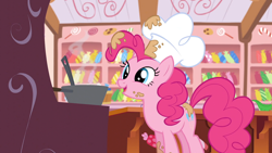 Size: 1920x1080 | Tagged: safe, screencap, pinkie pie, earth pony, pony, g4, season 5, the lost treasure of griffonstone, batter, bowl, chef's hat, female, food, hat, indoors, kitchen, mare, mixing bowl, solo, standing, sugarcube corner