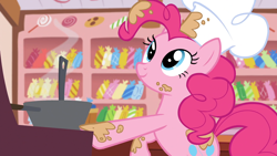 Size: 1920x1080 | Tagged: safe, screencap, pinkie pie, earth pony, pony, g4, my little pony: friendship is magic, season 5, the lost treasure of griffonstone, batter, bowl, chef, chef's hat, female, food, hat, indoors, kitchen, mare, mixing bowl, solo, sugarcube corner