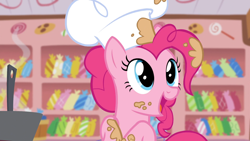 Size: 1920x1080 | Tagged: safe, screencap, pinkie pie, earth pony, pony, g4, season 5, the lost treasure of griffonstone, batter, bowl, chef's hat, food, hat, indoors, kitchen, mixing bowl, solo, sugarcube corner