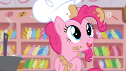 Size: 1920x1080 | Tagged: safe, screencap, pinkie pie, earth pony, pony, g4, my little pony: friendship is magic, season 5, the lost treasure of griffonstone, batter, bowl, chef, chef's hat, female, food, hat, indoors, kitchen, mare, mixing bowl, solo, sugarcube corner