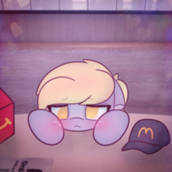 Size: 2664x2664 | Tagged: safe, artist:sodapop sprays, derpy hooves, pegasus, pony, series:derpy can't catch a break, g4, blushing, cute, floppy ears, hat, mcdonald's, mcdonald's happy meal toys, sad, sadorable, solo, tired, toy