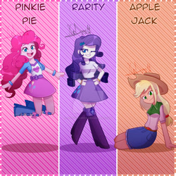 Size: 894x894 | Tagged: safe, artist:kittydraws16, applejack, pinkie pie, rarity, human, equestria girls, g4, abstract background, belt, boots, clothes, cowboy boots, cowboy hat, deviantart watermark, female, hat, high heel boots, jacket, obtrusive watermark, shirt, shoes, skirt, trio, trio female, vest, watermark