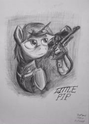 Size: 2745x3816 | Tagged: safe, artist:soursweet cheese, oc, oc only, oc:littlepip, pony, unicorn, fallout equestria, clothes, gun, handgun, horn, jumpsuit, little macintosh, photo, revolver, solo, vault suit, weapon