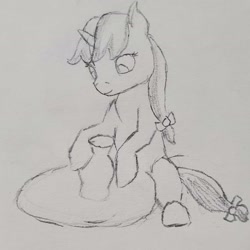 Size: 1902x1903 | Tagged: safe, artist:mannitenerisunt, derpibooru exclusive, oc, oc only, oc:terracotta light, pony, unicorn, arts and crafts, bow, cute, female, filly, foal, hair bow, horn, pencil drawing, pottery, pottery wheel, sitting, sketch, solo, tail, tail bow, traditional art