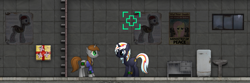 Size: 623x206 | Tagged: safe, oc, oc only, oc:littlepip, oc:velvet remedy, pony, unicorn, fallout equestria, game: fallout equestria: remains, clothes, duo, game, game screencap, horn, indoors, platformer, poster