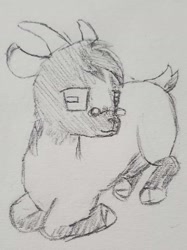 Size: 1582x2110 | Tagged: safe, artist:mannitenerisunt, derpibooru exclusive, oc, oc only, oc:immanuel, goat, cloven hooves, curled up, cute, floppy ears, glasses, goat oc, horns, looking at you, lying down, non-pony oc, pencil drawing, prone, rectangular pupil, sketch, traditional art