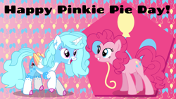 Size: 1280x720 | Tagged: safe, artist:jemimasparkle, pinkie pie, oc, oc:jemimasparkle, g4, cutie mark background, duo, duo female, female, patterned background, pinkie pie day