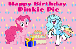 Size: 1226x800 | Tagged: safe, artist:jemimasparkle, pinkie pie, oc, oc:jemima sparkle, oc:jemimasparkle, g4, cake, cutie mark, cutie mark background, duo, female, food, happy birthday, patterned background, pink background, present