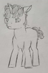 Size: 1474x2214 | Tagged: safe, artist:mannitenerisunt, derpibooru exclusive, oc, oc only, oc:boreal evening, pony, unicorn, annoyed, colt, foal, horn, looking away, male, pencil drawing, sketch, solo, standing, traditional art, wide stance