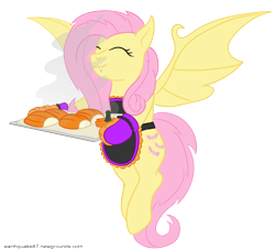 Size: 1188x1080 | Tagged: safe, artist:earthquake87, fluttershy, bat pony, pony, g4, apron, bat ponified, bat wings, clothes, cooking, cute, eyes closed, flutterbat, oven mitts, pumpkin, race swap, simple background, smiling, solo, spread wings, steam, transparent background, tray, wings