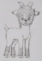 Size: 1354x1940 | Tagged: safe, artist:mannitenerisunt, derpibooru exclusive, oc, oc only, oc:immanuel, goat, cloven hooves, floppy ears, glasses, goat oc, horns, looking at you, non-pony oc, rectangular pupil, solo, standing, traditional art