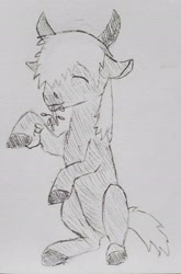 Size: 1372x2079 | Tagged: safe, artist:mannitenerisunt, derpibooru exclusive, pony, cute, eating, elden ring, floppy ears, gift art, herbivore, horns, pencil drawing, ponified, raisins, sitting, sketch, solo, torrent (elden ring), traditional art