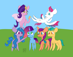 Size: 1656x1299 | Tagged: safe, artist:adamv20, hitch trailblazer, izzy moonbow, misty brightdawn, pipp petals, sunny starscout, zipp storm, pony, g5, eye clipping through hair, eyebrows, eyebrows visible through hair, mane five, mane six (g5), outdoors, pointy ponies, smiling, unitober 2024