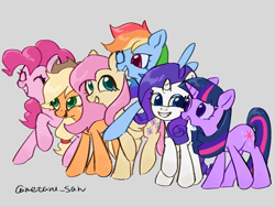 Size: 4096x3072 | Tagged: safe, artist:metaruscarlet, applejack, fluttershy, pinkie pie, rainbow dash, rarity, twilight sparkle, earth pony, pegasus, pony, unicorn, g4, applejack's hat, cowboy hat, flying, folded wings, gray background, grin, hat, horn, looking at each other, looking at someone, mane six, open mouth, raised hoof, simple background, smiling, spread wings, unicorn twilight, wings