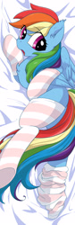 Size: 1423x4214 | Tagged: safe, artist:yukandasama, rainbow dash, pegasus, pony, g4, body pillow, body pillow design, chest fluff, clothes, female, mare, open mouth, socks, solo, stockings, striped socks, tail, thigh highs, wings