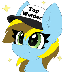 Size: 2478x2665 | Tagged: safe, artist:pegamutt, oc, oc only, oc:lucky bolt, pegasus, pony, bust, chest fluff, commission, cute, ear fluff, eyelashes, female, green eyes, happy, hat, simple background, smiling, solo, transparent background, two toned mane, welder, ych result