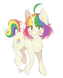 Size: 914x1127 | Tagged: safe, artist:inlaru, oc, oc only, oc:kadus, pony, unicorn, blushing, cloud, colored, cute, digital art, flat colors, glasses, happy, horn, rainbow, simple background, solo, unicorn oc, white background