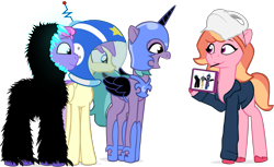 Size: 2335x1428 | Tagged: safe, artist:equestriaexploration, alula, nightmare moon, pluto, princess erroria, shiny sparks, strawberry blonde, sugarpuff lilac, pony, g4, g5, my little pony: tell your tale, clothes, costume, female, g4 to g5, generation leap, mare, michael myers, nightmare night costume, simple background, transparent background